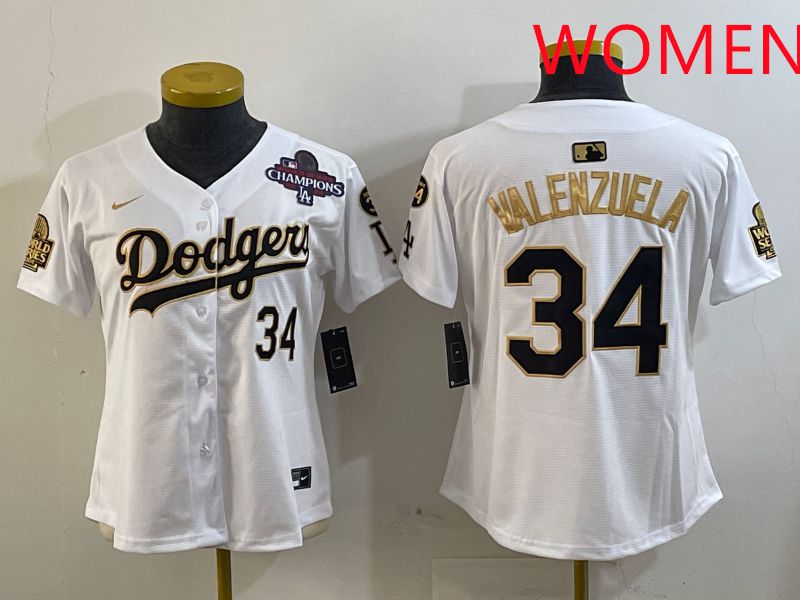 Women Los Angeles Dodgers 34 Valenzuela White Gold Game 2025 Nike MLB Jersey style 3